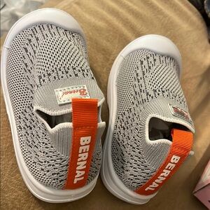 Gray and Orange Slip-On Sneakers with Knit Design